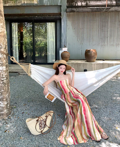 Dopamine Style Colorful Striped Maxi Dress Gen Z Vacays Outfit Flowy Strapless High-Slit Long Dress AP1417