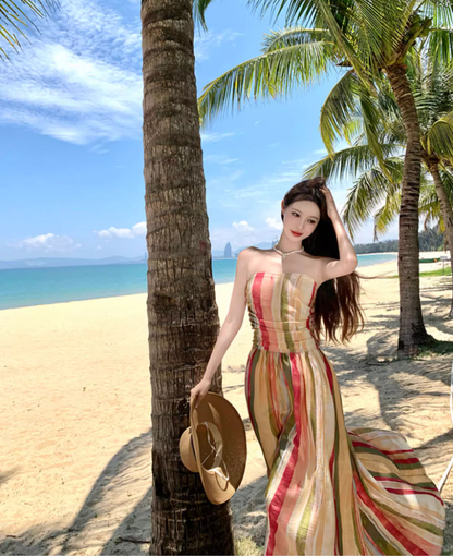 Dopamine Style Colorful Striped Maxi Dress Gen Z Vacays Outfit Flowy Strapless High-Slit Long Dress AP1417