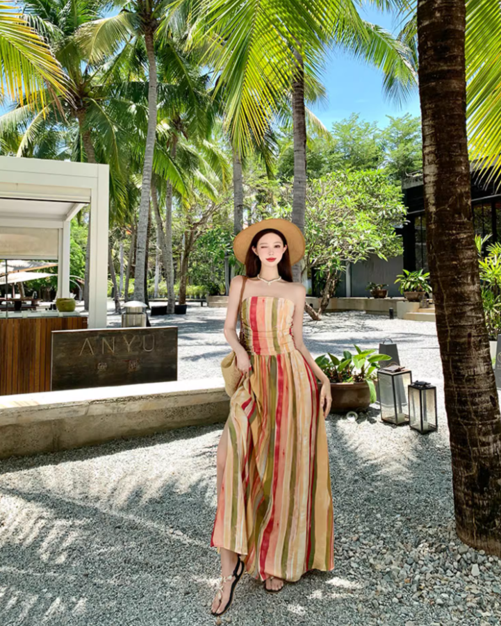 Dopamine Style Colorful Striped Maxi Dress Gen Z Vacays Outfit Flowy Strapless High-Slit Long Dress AP1417