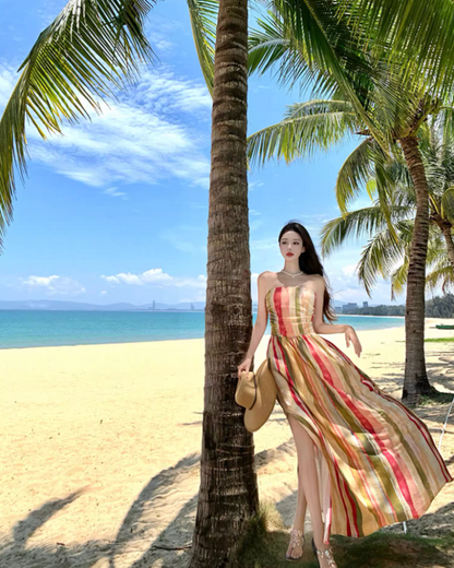 Dopamine Style Colorful Striped Maxi Dress Gen Z Vacays Outfit Flowy Strapless High-Slit Long Dress AP1417