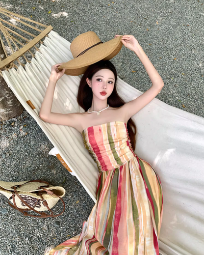 Dopamine Style Colorful Striped Maxi Dress Gen Z Vacays Outfit Flowy Strapless High-Slit Long Dress AP1417