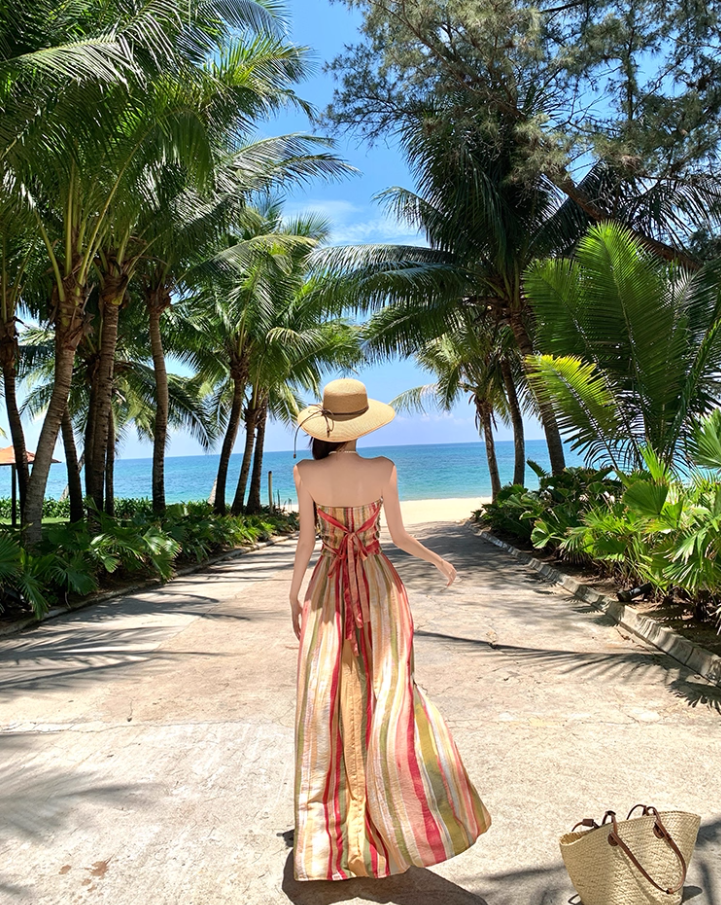 Dopamine Style Colorful Striped Maxi Dress Gen Z Vacays Outfit Flowy Strapless High-Slit Long Dress AP1417