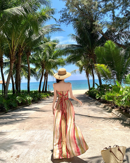 Dopamine Style Colorful Striped Maxi Dress Gen Z Vacays Outfit Flowy Strapless High-Slit Long Dress AP1417