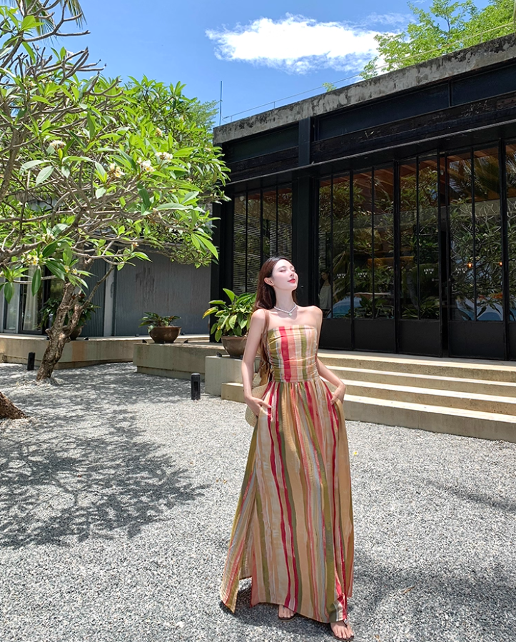 Dopamine Style Colorful Striped Maxi Dress Gen Z Vacays Outfit Flowy Strapless High-Slit Long Dress AP1417