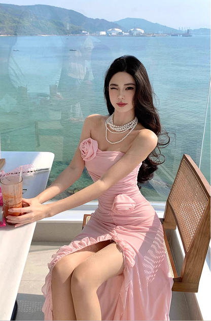 Charming Cascade Ruffles Hem High-Slit Maxi Dress Strapless Gathered Flower Design Long Dress AP1418