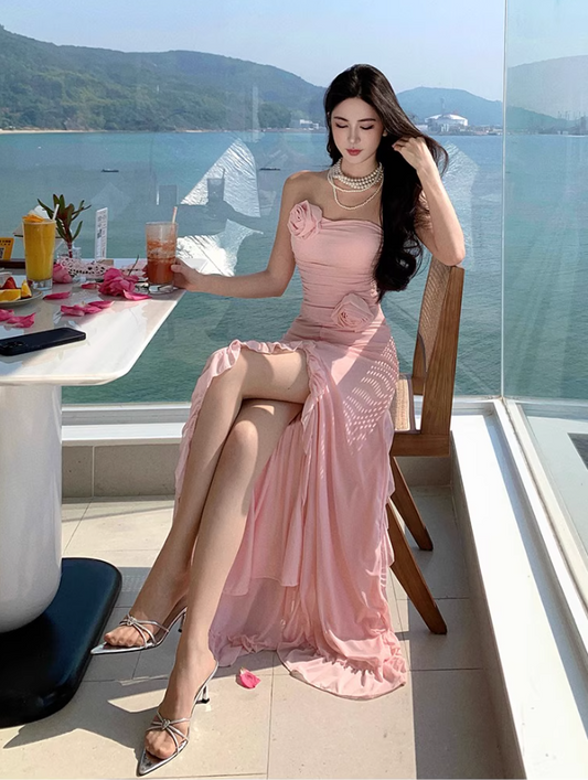 Charming Cascade Ruffles Hem High-Slit Maxi Dress Strapless Gathered Flower Design Long Dress AP1418