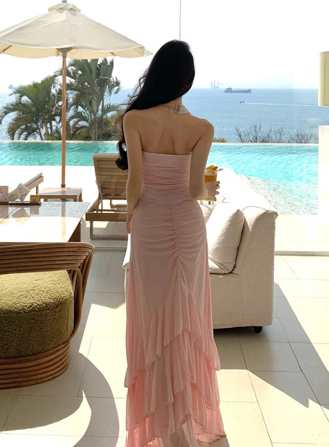 Charming Cascade Ruffles Hem High-Slit Maxi Dress Strapless Gathered Flower Design Long Dress AP1418