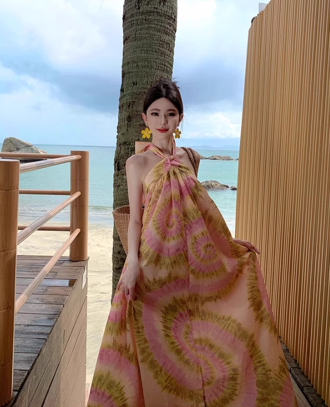 Vigorous Floral Print Tie-Back Maxi Dress Chic Flowy Backless Coastal Trips Halter Long Dress AP1419
