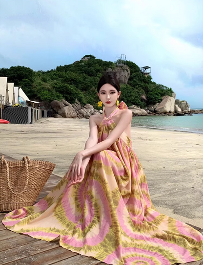 Vigorous Floral Print Tie-Back Maxi Dress Chic Flowy Backless Coastal Trips Halter Long Dress AP1419
