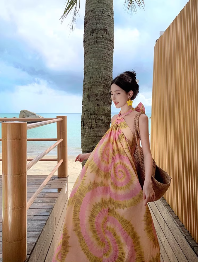 Vigorous Floral Print Tie-Back Maxi Dress Chic Flowy Backless Coastal Trips Halter Long Dress AP1419