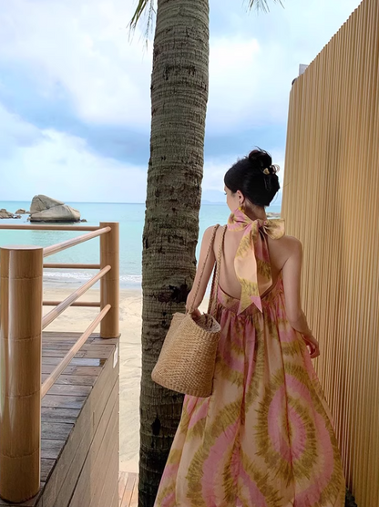 Vigorous Floral Print Tie-Back Maxi Dress Chic Flowy Backless Coastal Trips Halter Long Dress AP1419