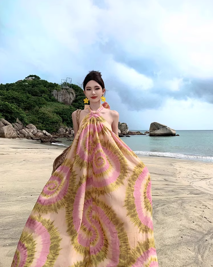 Vigorous Floral Print Tie-Back Maxi Dress Chic Flowy Backless Coastal Trips Halter Long Dress AP1419