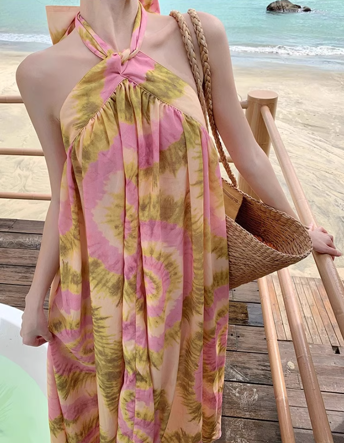 Vigorous Floral Print Tie-Back Maxi Dress Chic Flowy Backless Coastal Trips Halter Long Dress AP1419