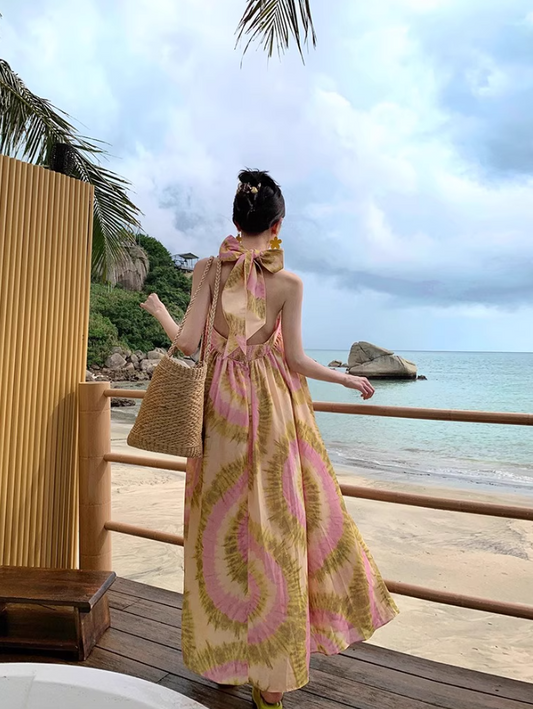 Vigorous Floral Print Tie-Back Maxi Dress Chic Flowy Backless Coastal Trips Halter Long Dress AP1419