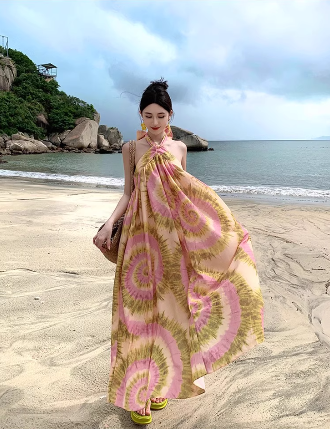 Vigorous Floral Print Tie-Back Maxi Dress Chic Flowy Backless Coastal Trips Halter Long Dress AP1419