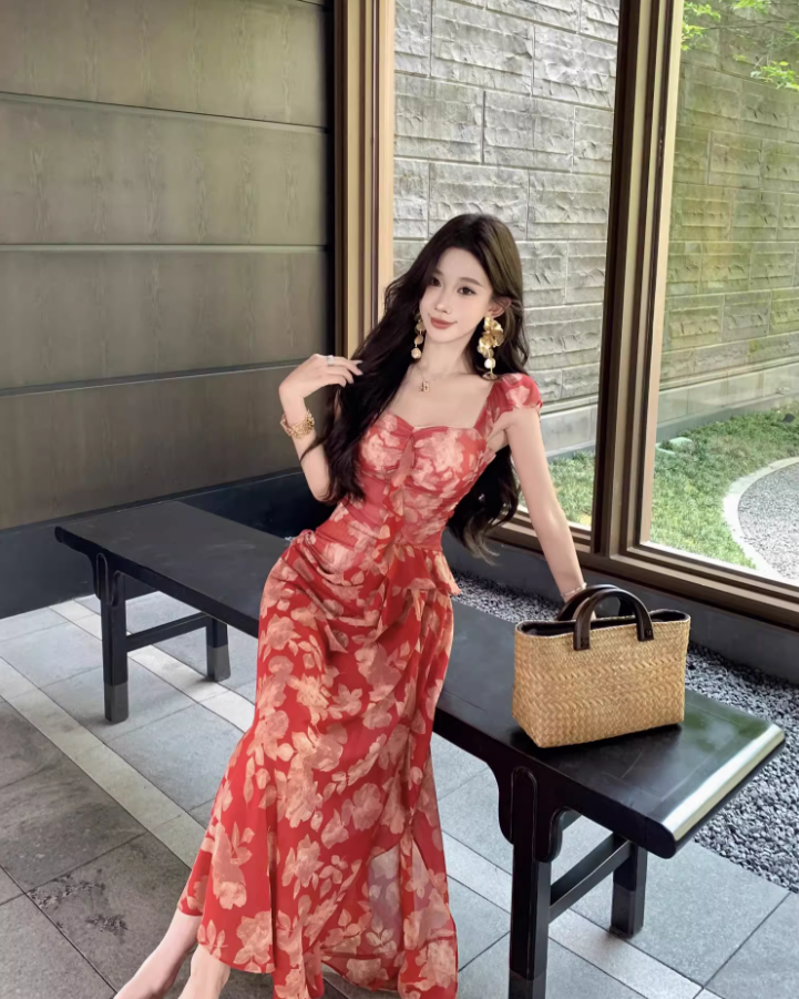 Alluring Square Neck Floral Print Maxi Dress Chic Red Flutter Short Sleeve Draped Slit Long Dress AP1421