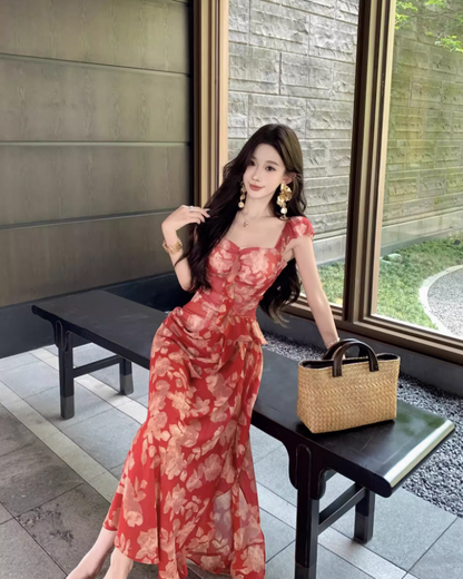 Alluring Square Neck Floral Print Maxi Dress Chic Red Flutter Short Sleeve Draped Slit Long Dress AP1421
