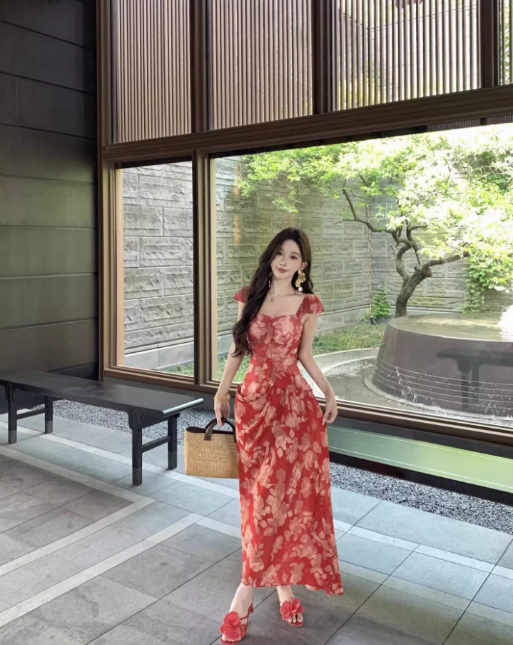 Alluring Square Neck Floral Print Maxi Dress Chic Red Flutter Short Sleeve Draped Slit Long Dress AP1421