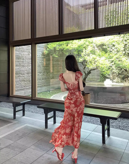 Alluring Square Neck Floral Print Maxi Dress Chic Red Flutter Short Sleeve Draped Slit Long Dress AP1421
