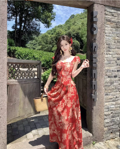 Alluring Square Neck Floral Print Maxi Dress Chic Red Flutter Short Sleeve Draped Slit Long Dress AP1421