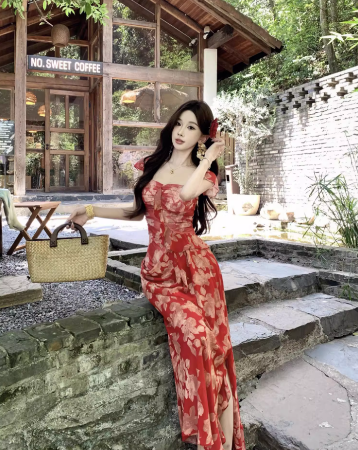 Alluring Square Neck Floral Print Maxi Dress Chic Red Flutter Short Sleeve Draped Slit Long Dress AP1421