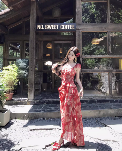 Alluring Square Neck Floral Print Maxi Dress Chic Red Flutter Short Sleeve Draped Slit Long Dress AP1421