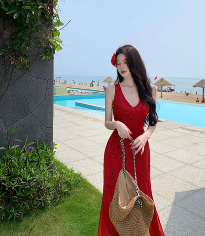 French-Inspired Sleeveless V-Neck Maxi Dress Retro Tie-Waist Printed Beach Getaways Long Dress AP1422