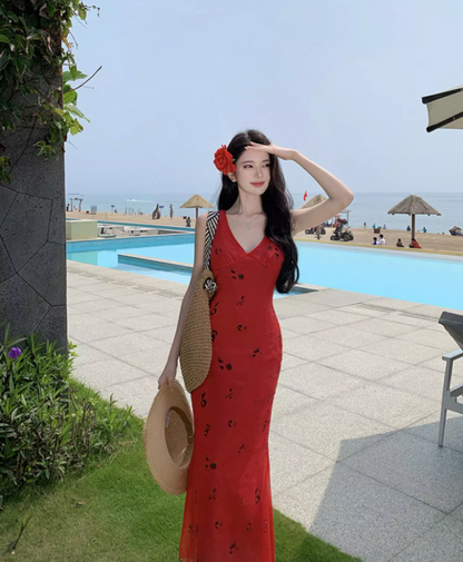 French-Inspired Sleeveless V-Neck Maxi Dress Retro Tie-Waist Printed Beach Getaways Long Dress AP1422