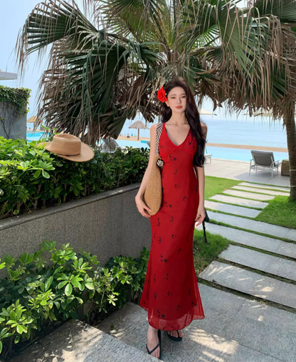 French-Inspired Sleeveless V-Neck Maxi Dress Retro Tie-Waist Printed Beach Getaways Long Dress AP1422