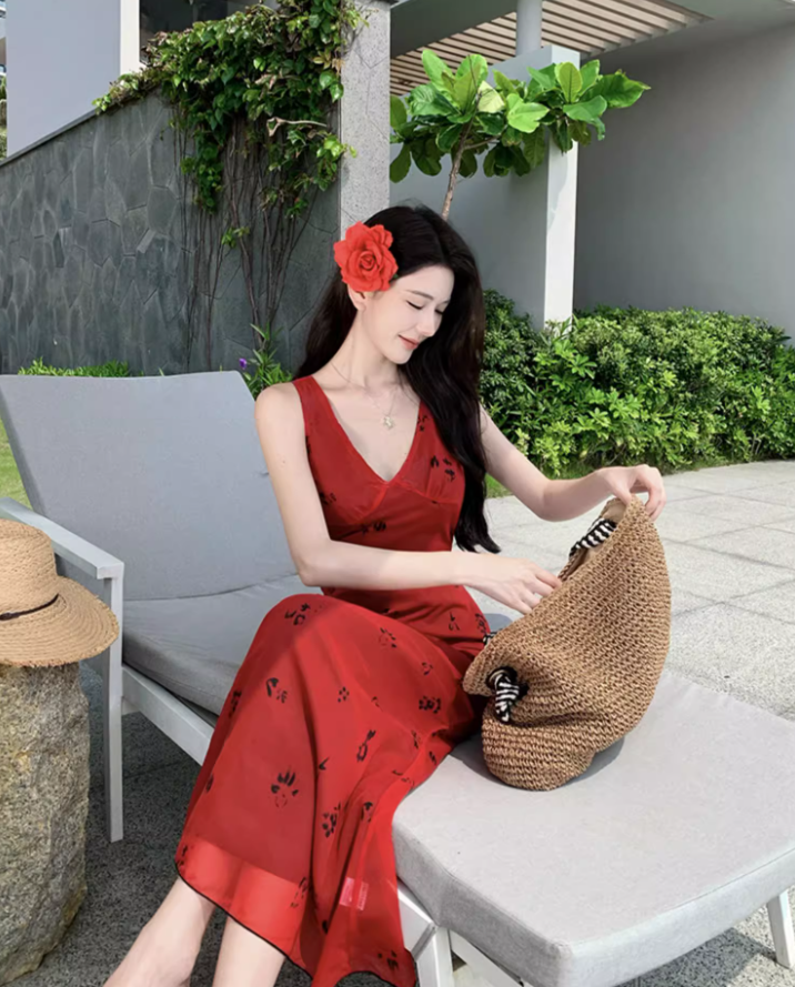 French-Inspired Sleeveless V-Neck Maxi Dress Retro Tie-Waist Printed Beach Getaways Long Dress AP1422