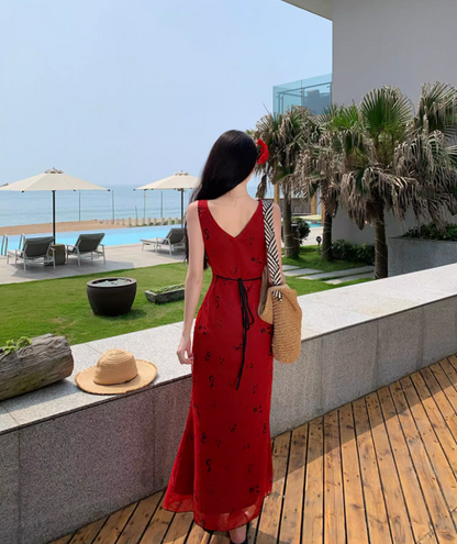 French-Inspired Sleeveless V-Neck Maxi Dress Retro Tie-Waist Printed Beach Getaways Long Dress AP1422