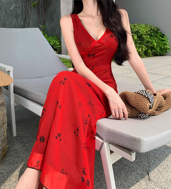 French-Inspired Sleeveless V-Neck Maxi Dress Retro Tie-Waist Printed Beach Getaways Long Dress AP1422