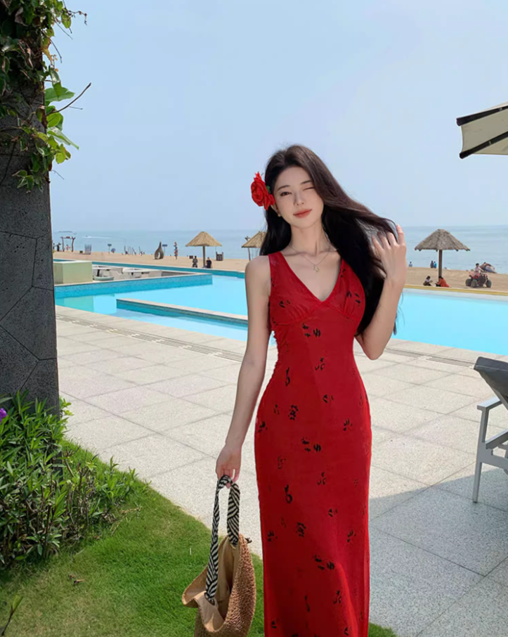 French-Inspired Sleeveless V-Neck Maxi Dress Retro Tie-Waist Printed Beach Getaways Long Dress AP1422