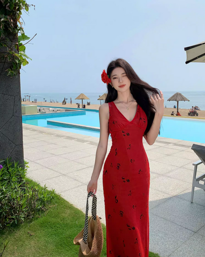 French-Inspired Sleeveless V-Neck Maxi Dress Retro Tie-Waist Printed Beach Getaways Long Dress AP1422