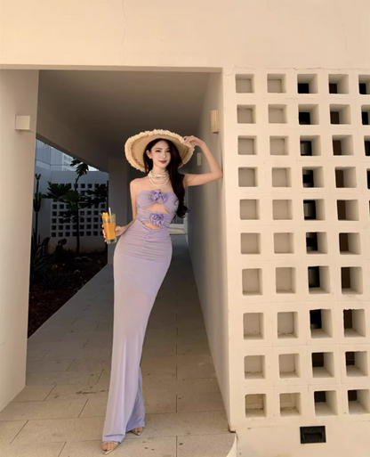 Gorgeous Purple 3D Flowers Hollow-Out Maxi Dress Niche Flexible Mesh Overlay Draped Long Dress AP1423