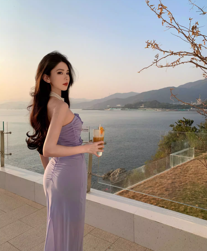 Gorgeous Purple 3D Flowers Hollow-Out Maxi Dress Niche Flexible Mesh Overlay Draped Long Dress AP1423