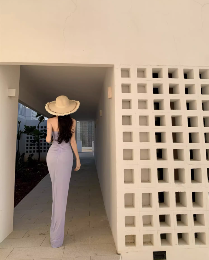 Gorgeous Purple 3D Flowers Hollow-Out Maxi Dress Niche Flexible Mesh Overlay Draped Long Dress AP1423