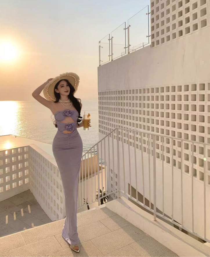 Gorgeous Purple 3D Flowers Hollow-Out Maxi Dress Niche Flexible Mesh Overlay Draped Long Dress AP1423