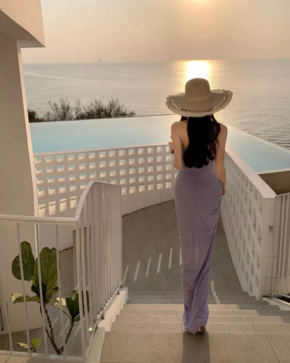 Gorgeous Purple 3D Flowers Hollow-Out Maxi Dress Niche Flexible Mesh Overlay Draped Long Dress AP1423