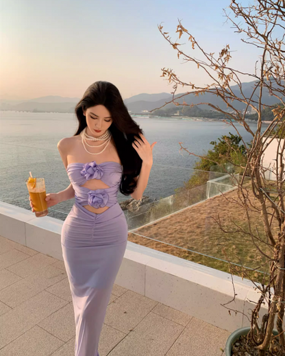 Gorgeous Purple 3D Flowers Hollow-Out Maxi Dress Niche Flexible Mesh Overlay Draped Long Dress AP1423