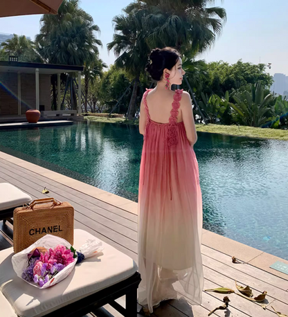 Dopamine Style Gradient Pink Maxi Dress Chic Floral Design Strap Flowy Draped Long Dress AP1424