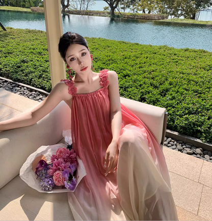 Dopamine Style Gradient Pink Maxi Dress Chic Floral Design Strap Flowy Draped Long Dress AP1424