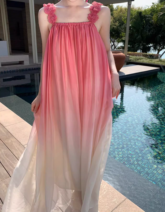 Dopamine Style Gradient Pink Maxi Dress Chic Floral Design Strap Flowy Draped Long Dress AP1424