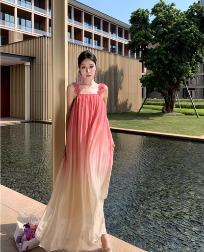 Dopamine Style Gradient Pink Maxi Dress Chic Floral Design Strap Flowy Draped Long Dress AP1424