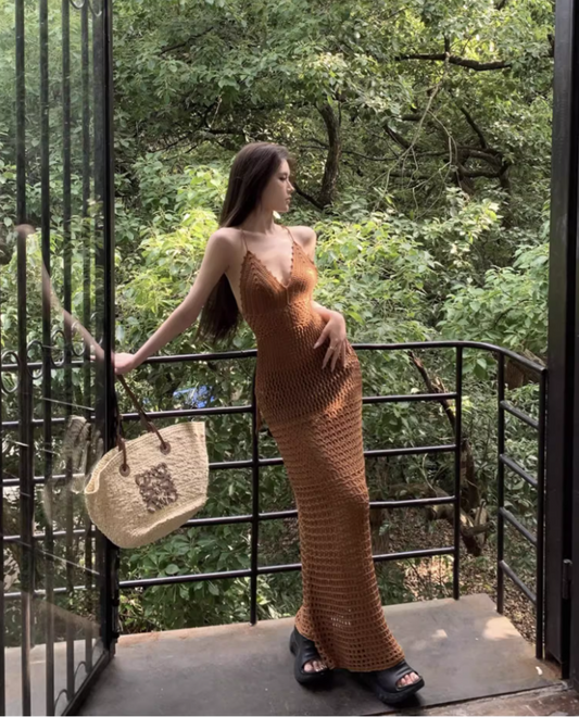 Vintage Outdoor Vacation Brown Crochet Maxi Dress Vogue High-Slit Cross-Back Long Dress AP1425