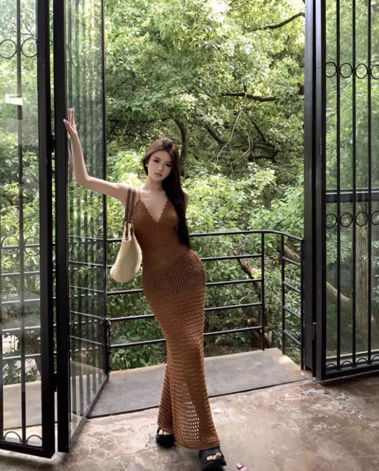 Vintage Outdoor Vacation Brown Crochet Maxi Dress Vogue High-Slit Cross-Back Long Dress AP1425