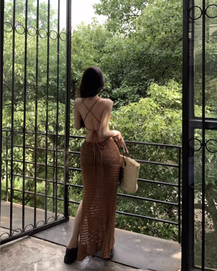 Vintage Outdoor Vacation Brown Crochet Maxi Dress Vogue High-Slit Cross-Back Long Dress AP1425