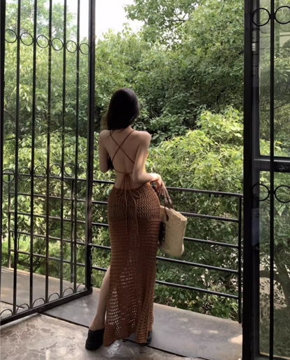 Vintage Outdoor Vacation Brown Crochet Maxi Dress Vogue High-Slit Cross-Back Long Dress AP1425
