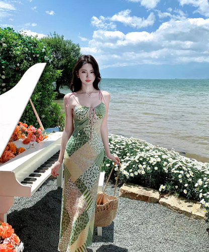 Dopamine-Inspired Clashing Floral Print Green Maxi Dress Y2K Beach Core Spaghetti Strap Mermaid Long Dress AP1426