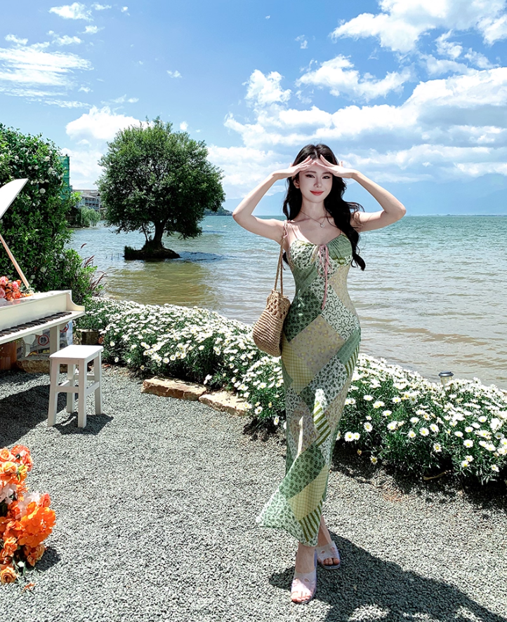 Dopamine-Inspired Clashing Floral Print Green Maxi Dress Y2K Beach Core Spaghetti Strap Mermaid Long Dress AP1426